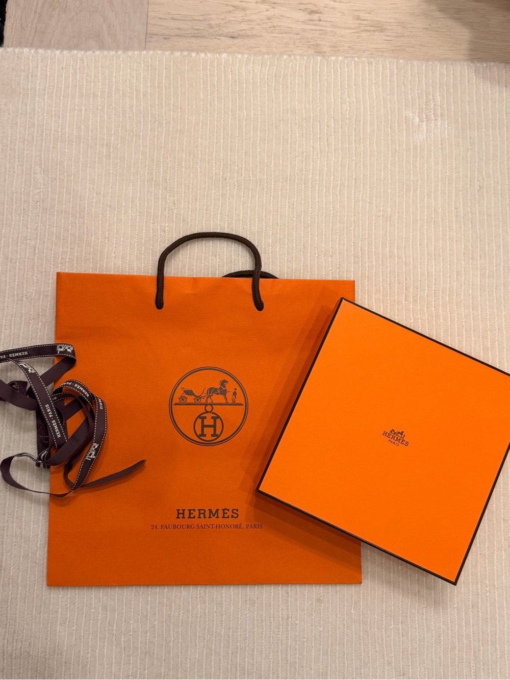 Authentic Hermes Gift Box, Shopping Bag and Ribbon Set